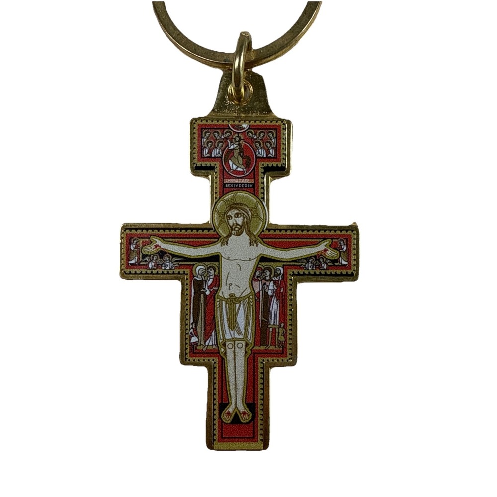 St. Francis Of Assisi Large Cross Keychain Gold Tone With Colored Print